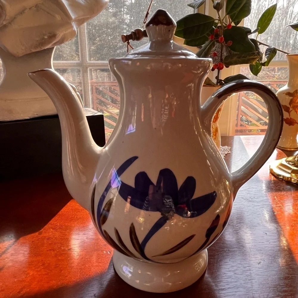 Vintage Pottery Coffee Pot Folk Art Blue Flower Tea Pot Chocolate Pot